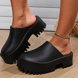 2024 New Summer Mules Slippers Fashion Casual Solid Color Baotou Women's Sandals Casual CHeightening Flat Bottom Slipper Shoes