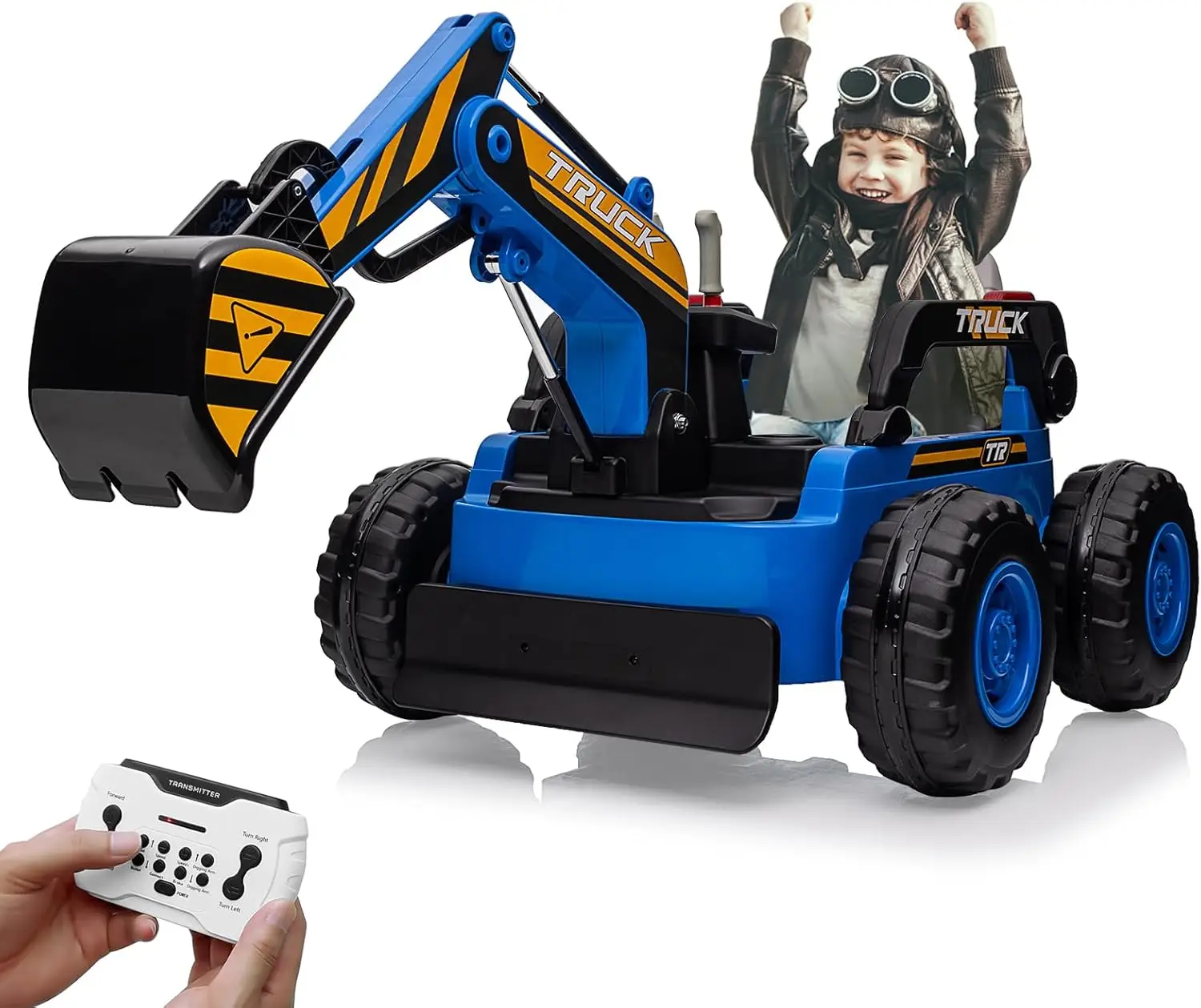 12V Kids Ride On Excavator Digger Truck with Remote Control & Electric Digging Arm, 12V 10Ah Large Battery, 4x75W Motors,Led