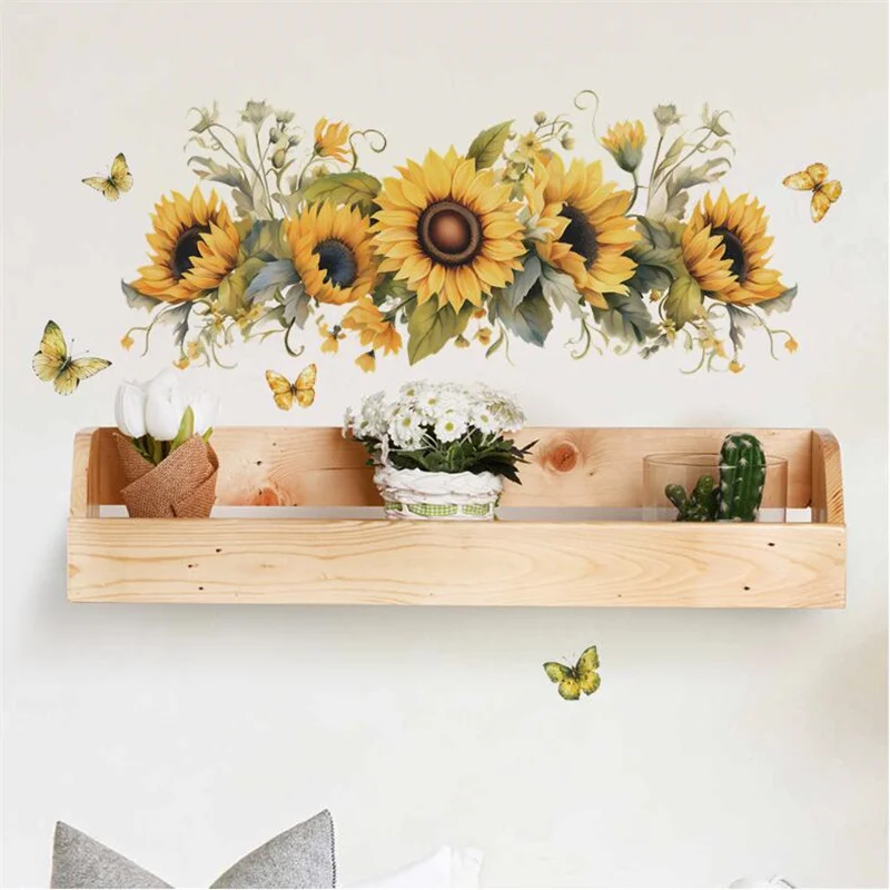 Sunflower Wall Decal Self-adhesive Sunflower Wall Sticker Removable Flower Mural DIY Wall Art Decor for Nursery Bedroom Kitchen