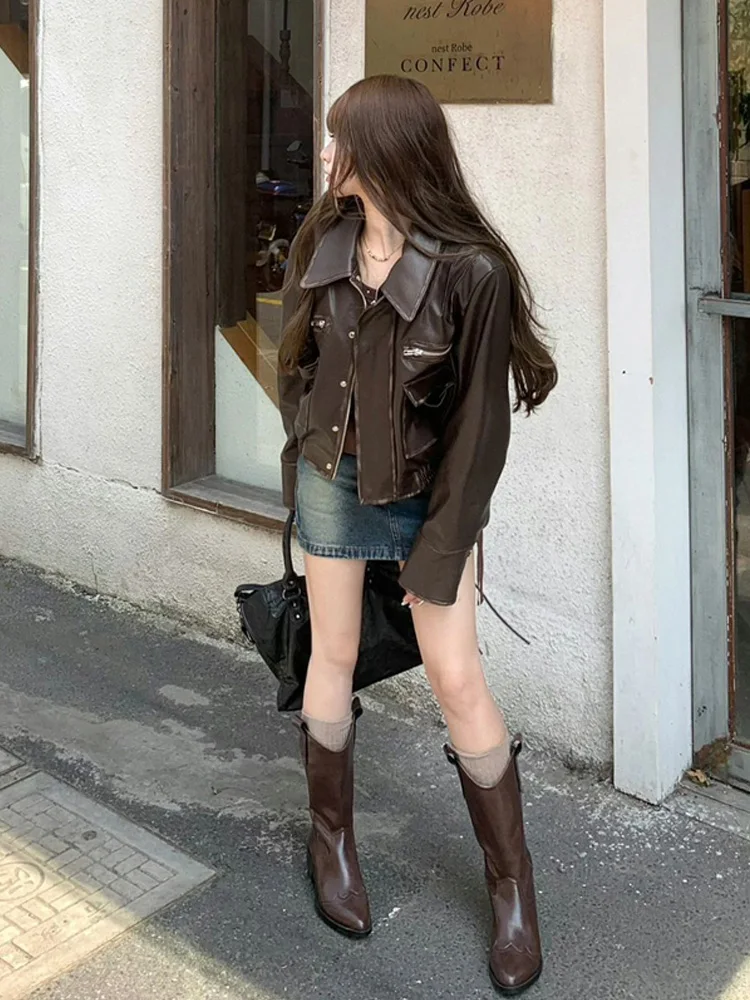 Leather Coat Brown Women's Autumn Retro Casual Short Jacket Lapel Washed Leather PU Slim Basic Fashion All-Matching SpringAutumn