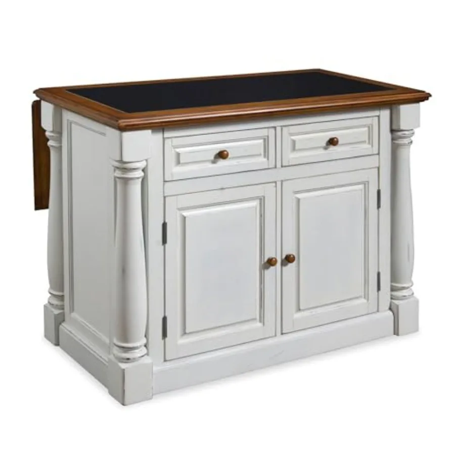 

Кухонный остров Home Styles Monarch белого цвета с столешницей из состаренного дуба и черным гранитным покрытием, конструкция из массива дерева, барная стойка для завтраков