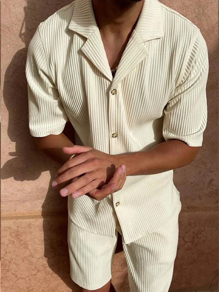 Spring/Summer suit Solid color corduroy shorts sleeve shirt and shorts stretch beach casual suit