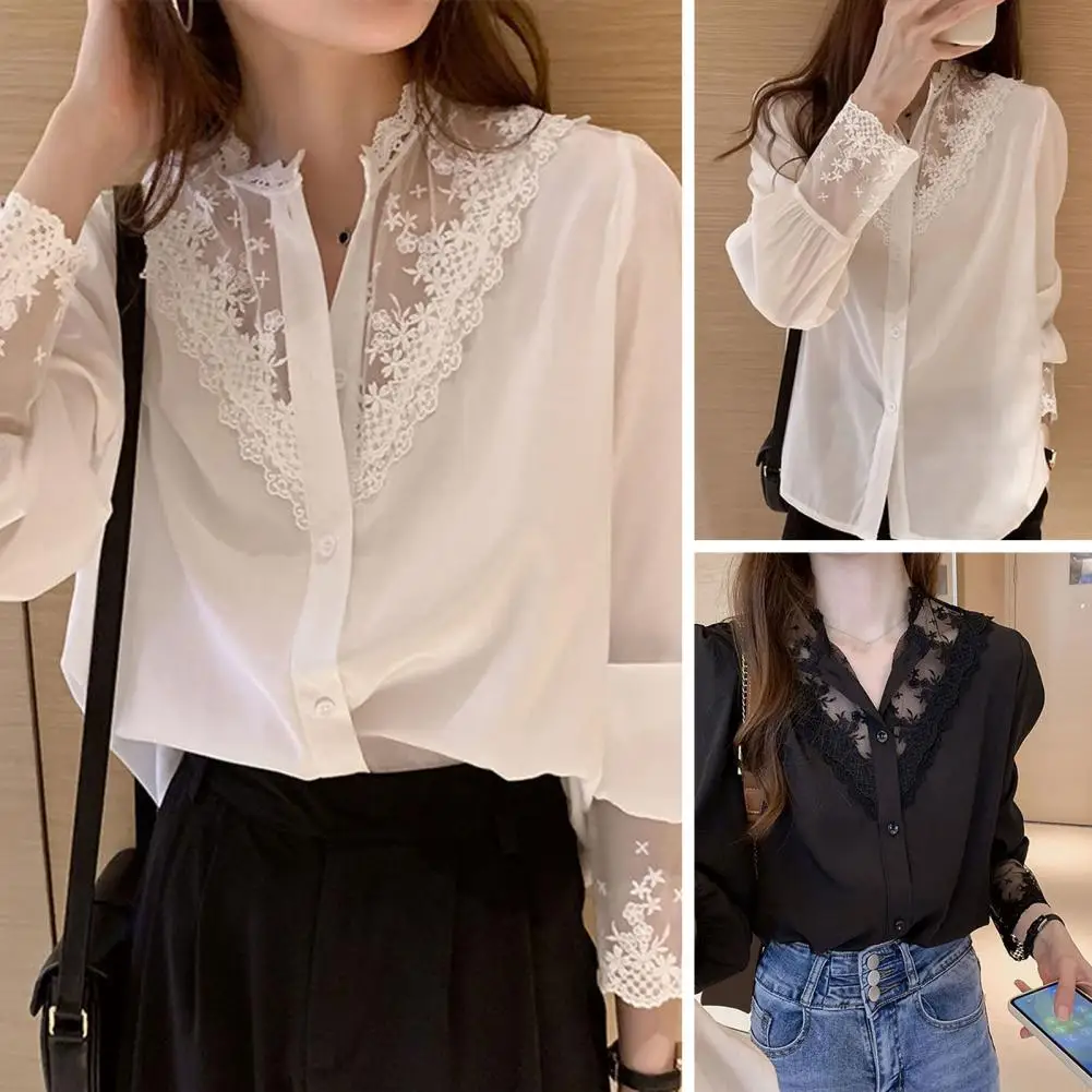 

Summer Women Blouse Lace Patchwork Chiffon White Shirt Long Sleeve Button Elegant Office Lady Tops Korean Style Clothes