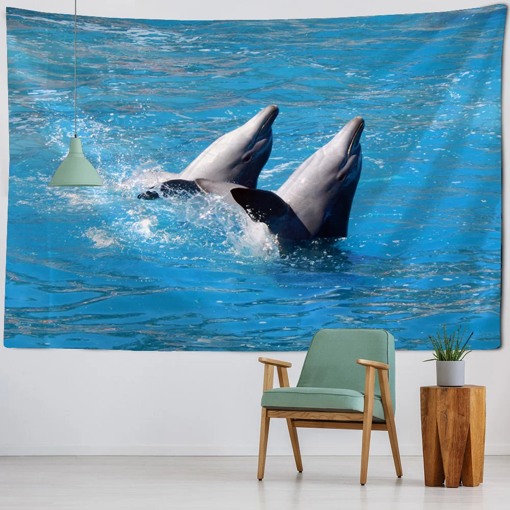 

Dolphin tapestry wall hanging underwater world background fabric, Kawaii home bed sheets, children's room wall decoration