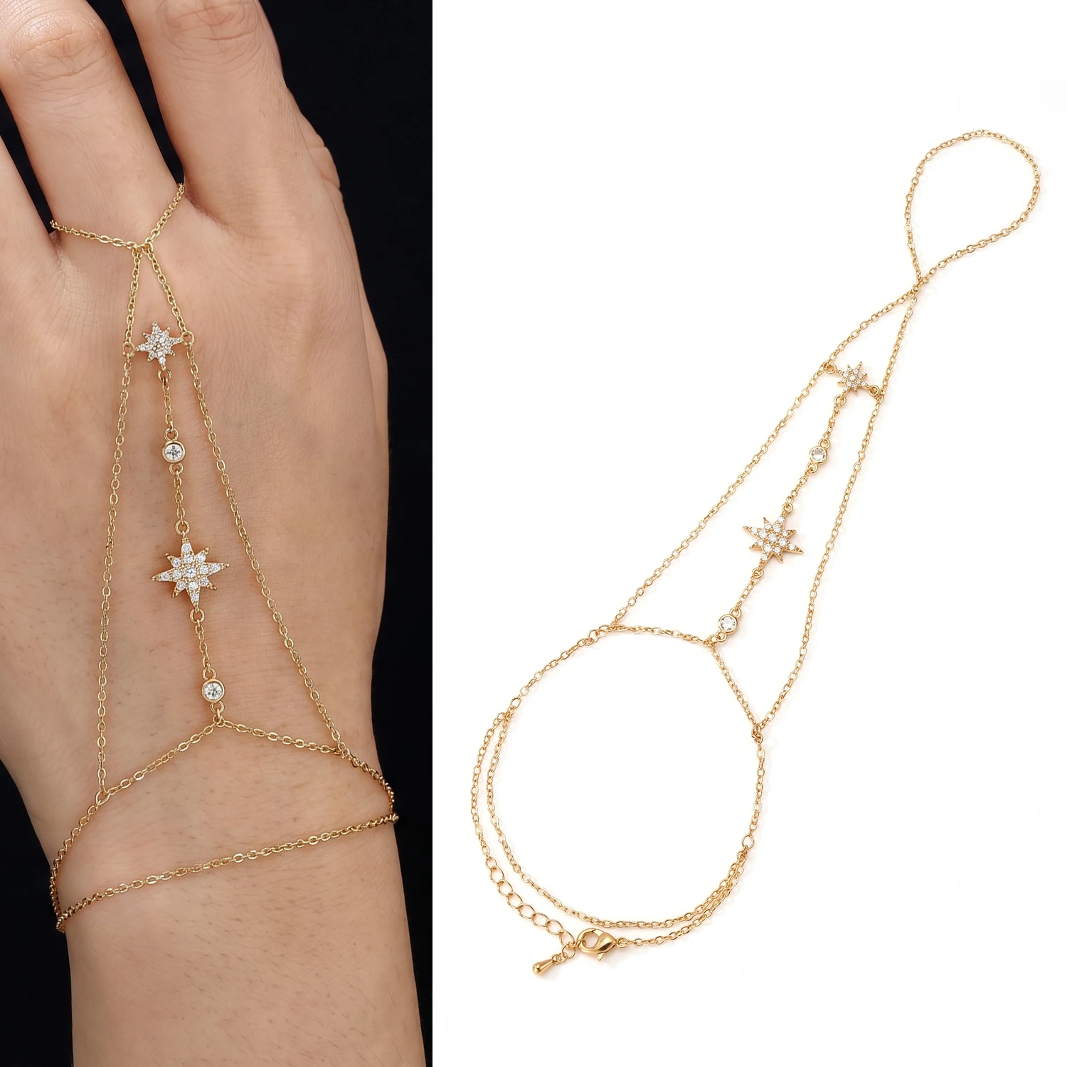 Minimalist Star Multi Layer Chain Hand Harness Bracelet Connected Finger Ring Wrist Fashion Hand Jewelry Gift For Ladies Daily P