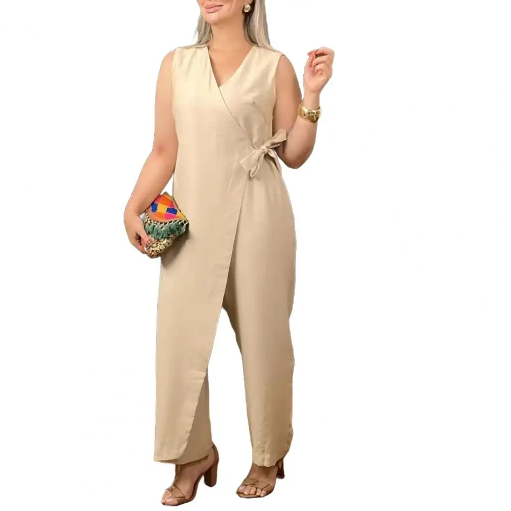 Damen-Overall mit Schnürung, V-Ausschnitt für schmale Taille, weites Bein-Design, formelles Business-Einteiler-Outfit für Pendler