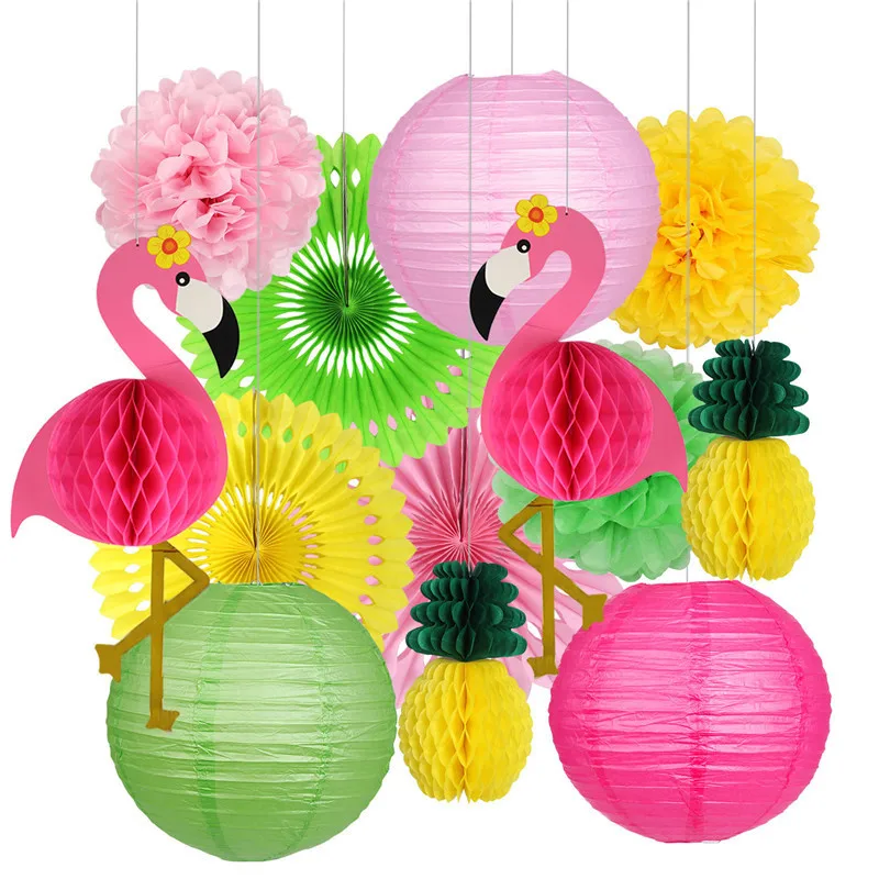 Summer LUAU Hawaii Beach Party Decoration Pineapple Flamingo Honeycomb Ball Paper Lantern Paper Fan Paper Flower Aloha Party