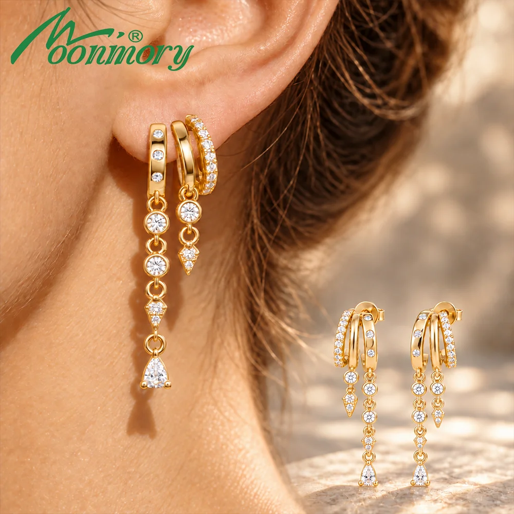 Moonmory Original Design Luxus-Birnen-Ohrringe für Damen mit Messing, 14K vergoldet, dreifache zarte Tropfen-Ketten-Ohrstecker – Detail 1