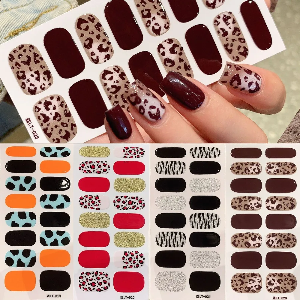 32개 스트립 가을 네일 스티커 풀 커버 세미 큐어드 젤 네일 폴리쉬 스트립 롱래스팅 레오파드 프린트 네일 아트 스티커
