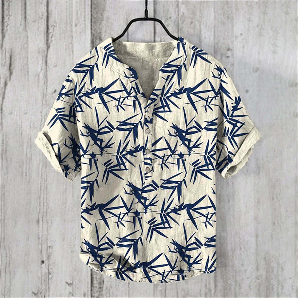 New Men's Short Sleeve Linen 3D Printed Shirt Hot Sale Artistic V-Neck Daily Casual Shirt Men's Fashion Street Shirt S-5XL