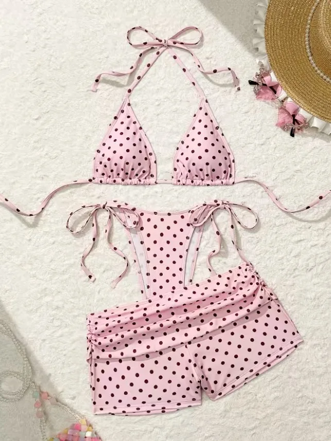 S - XL With Shorts Polka Dot Halter Bikini 2027 Female Swimsuit Women Swimwear Three-Pieces Bikini Set Bather Bathing Suit Swim