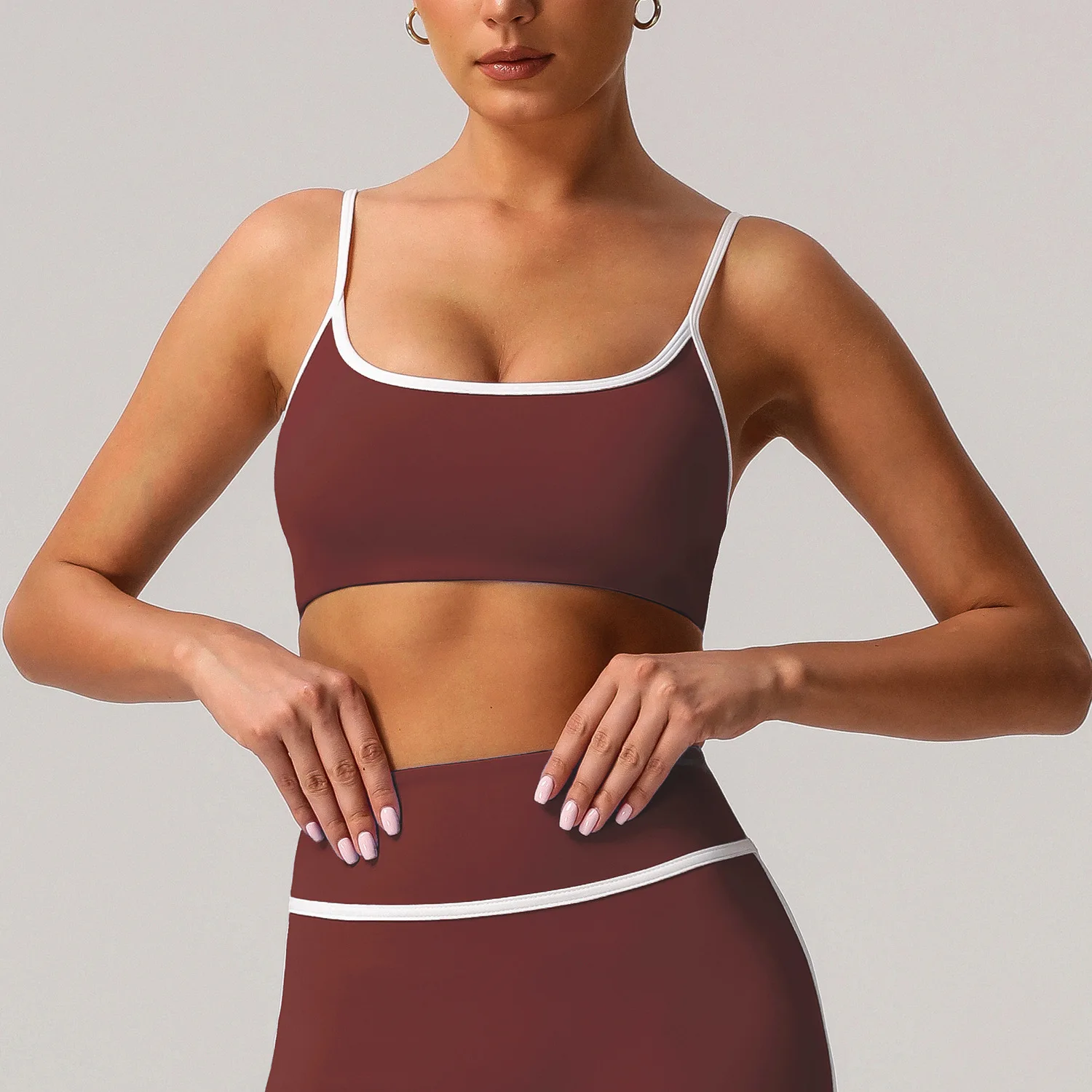 Yoga Bra Women's Fitness Vest Top Running Workout Underwear Gym Push Up Padded Contrast Piping Spaghetti Straps Removable Tank