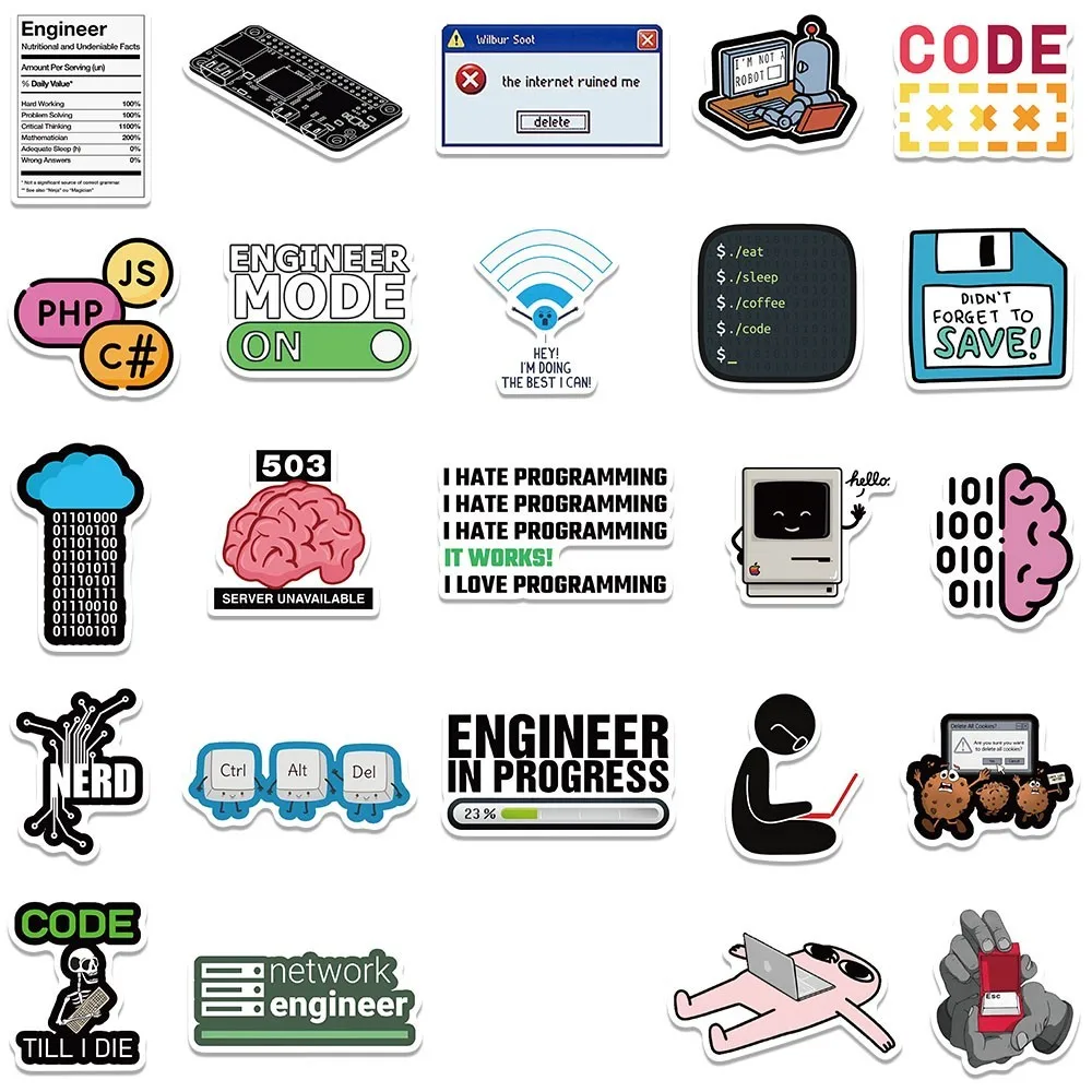 Engraçado Cartoon Software Engineer Adesivos, Decalques De Programação De TI para Laptop, Garrafa De Água, Telefone Geek, Graffiti Impermeável, 50Pcs