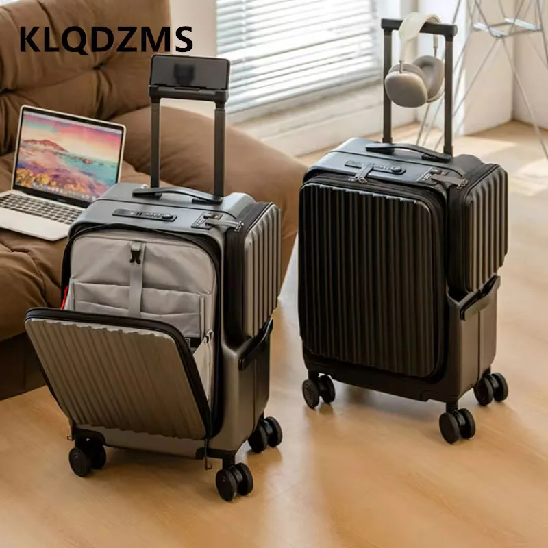 KLQDZMS ABS + PC Luggage Multifunctional Boarding Box USB Charging Trolley Case Front Opening with Wheels Rolling Suitcase