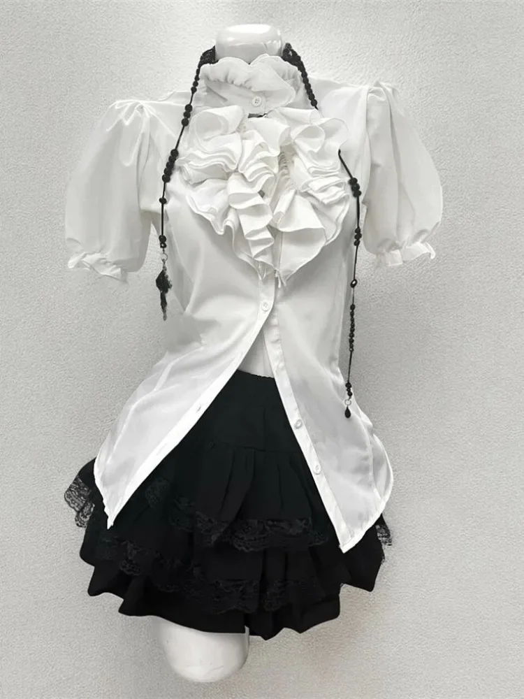 Y2k – chemise à manches bouffantes à volants pour femmes, gilet ajusté noir + jupes gâteau taille haute, ensembles trois pièces, nouvelle collection été 2025
