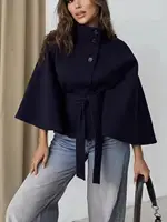 Chaquetas de cuello alto con cordones para mujer, abrigos con cinturón de mezcla de lana sintética, capa cálida y elegante para otoño e invierno, novedad de 2026