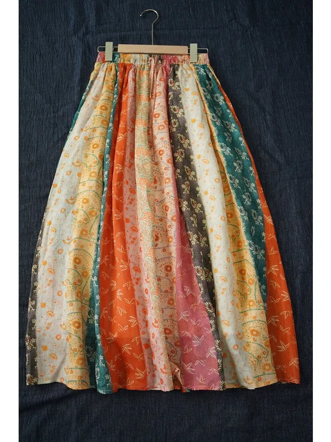 

Ретро-юбка с цветочным принтом класса люкс для женщин, летняя, художественная, повседневная, А-силуэт, из хлопка и льна, модная