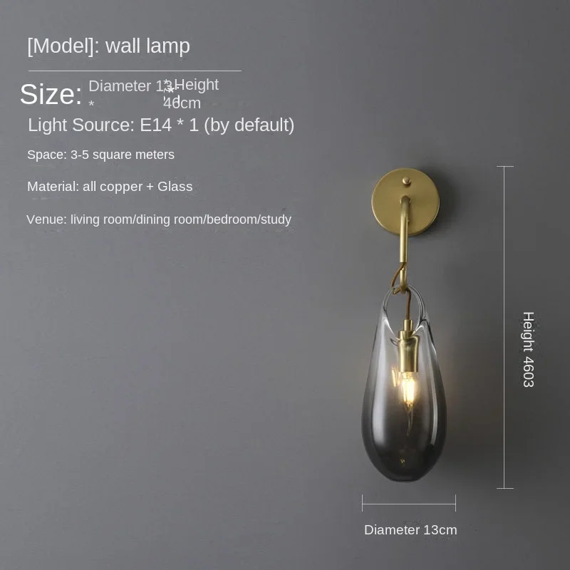 GHJUYIOL All copper wall lamp, living room designer, model room, hallway, bedroom, bedside lamp, water droplet glass wall lamp