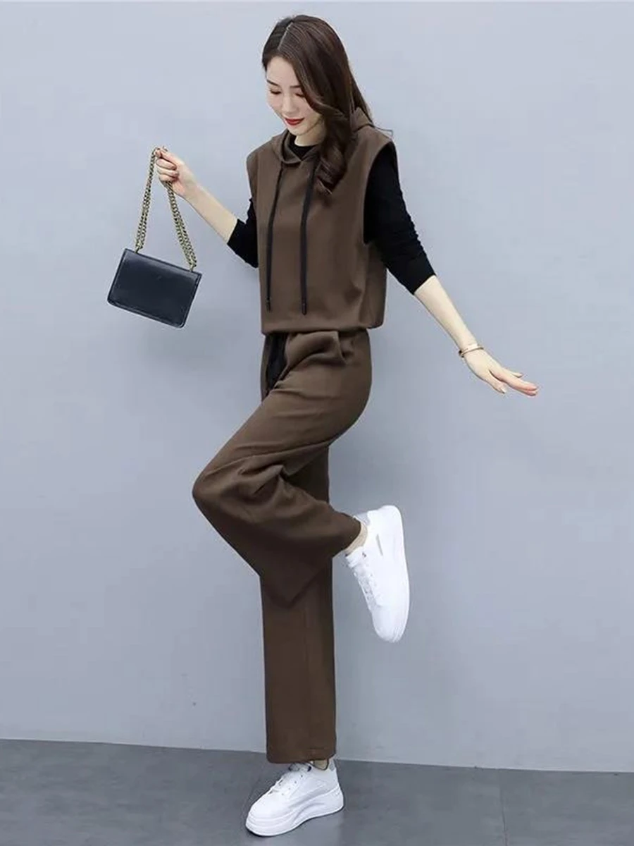 Fashionable Casual Women's Three-Piece Set Slimming Wide Leg Pants Anti-Aging Autumn 2026 New Style Polyester Blend image 2