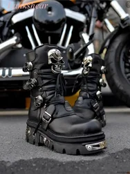 Design New Unisex Leather Boots Silver Skull Devil Goth Punk Metallic Motorcycle Ankle Boots Large Size 35-48 Handmade