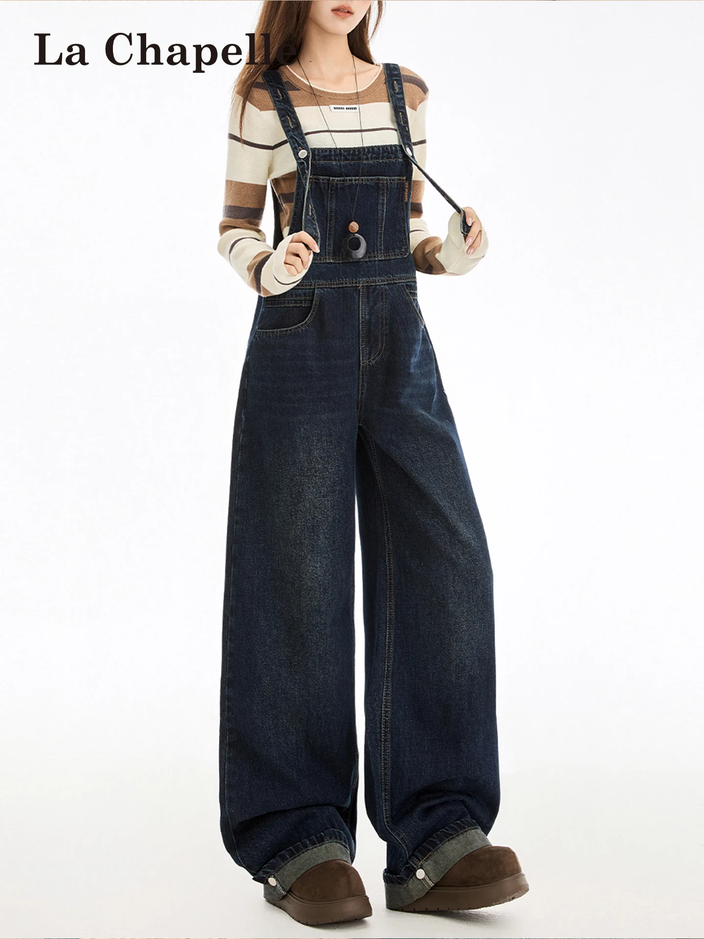 

Женский зимний джинсовый комбинезон La Chapelle в американском ретро-стиле, с широкими штанинами, высокой талией, свободного прямого кроя, в стиле оверсайз