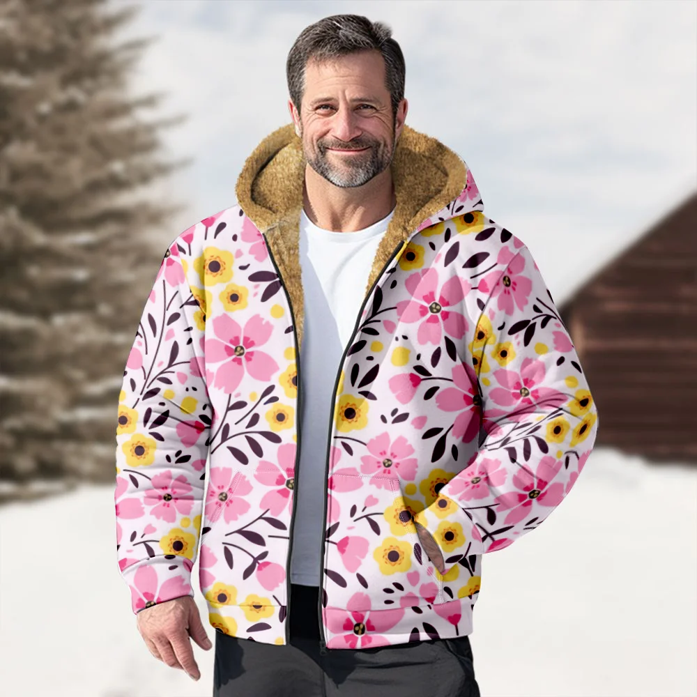 Winterjassen voor heren, stijlvolle retro roze bloemenprintpatroon katoenen kleding overjas mannelijk aankleden strand