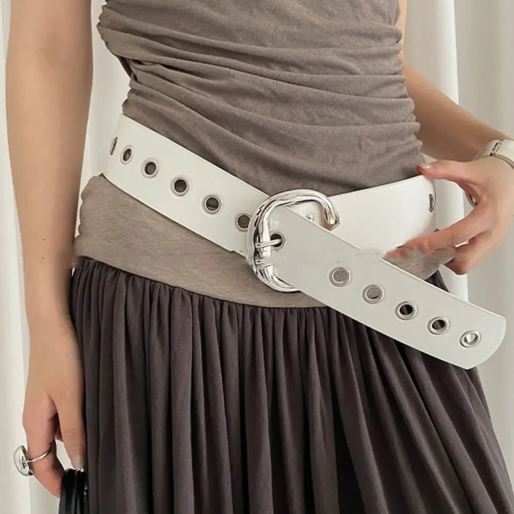 Cinturón ancho ajustable con agujeros de doble fila para mujer, hebilla de Metal, pretina de cuero Vintage, faja para pantalones vaqueros, cinturón de estilo Punk que combina con todo para hombre