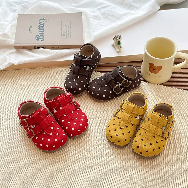 

Girls Casual Leather Shoes 2025 New Autumn Toddler Walking Shoes with Polka Dot Soft Sole Classic Retro Kids Outdoor Play Flats