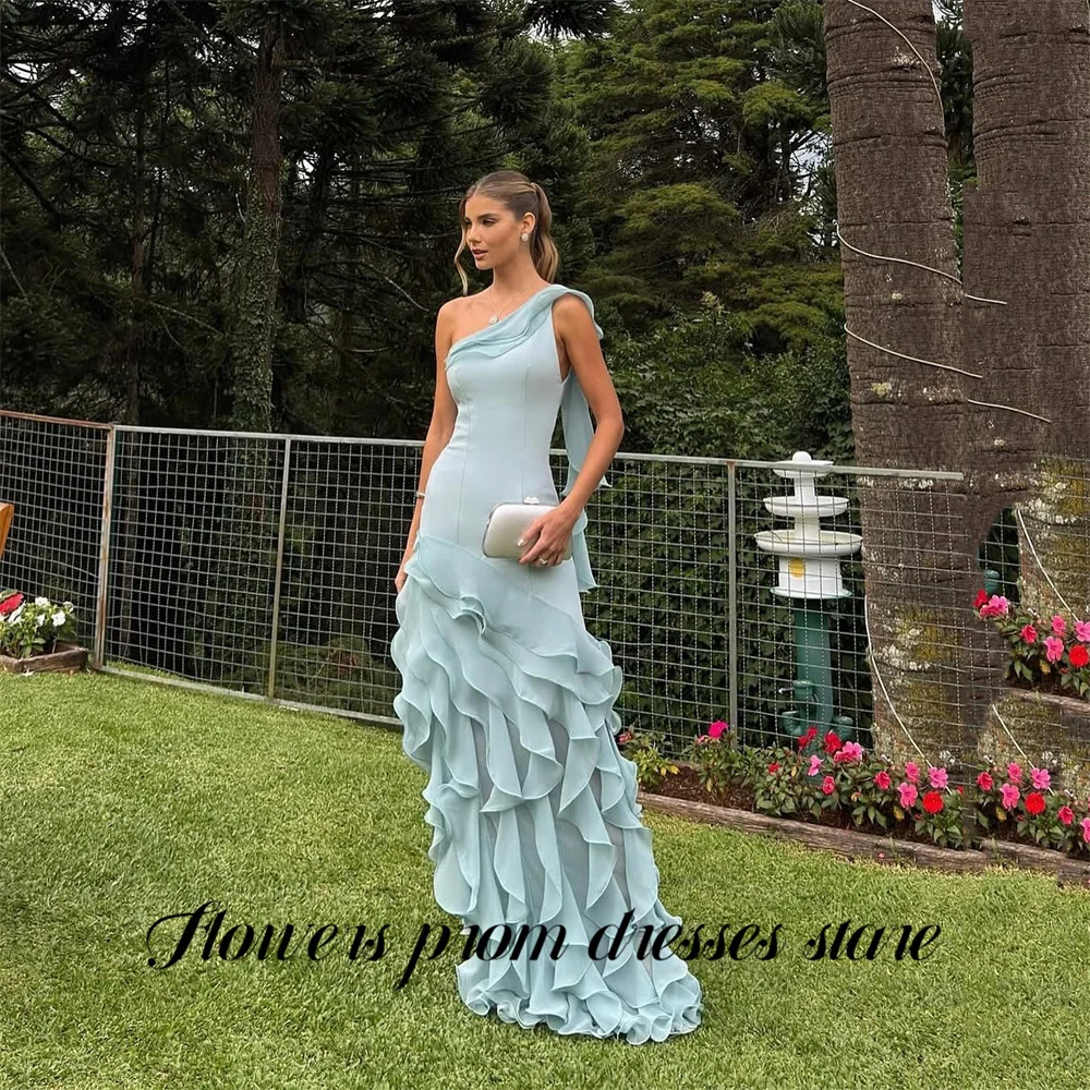 Flowers Sky Blue Party Dress Layered Ruffled فساتين السهرة One Shoulder Night Dresses Simple Formal Dress Customized