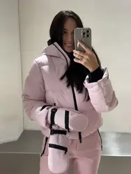 Women Hooded Zipper Short Skiing Cotton Jacket Long Sleeved Thick Warm Coat Comfortable Long Sports Pant 2025 New Lady Ski Set