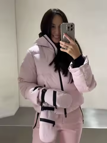 Women Hooded Zipper Short Skiing Cotton Jacket Long Sleeved Thick Warm Coat Comfortable Long Sports Pant 2025 New Lady Ski Set