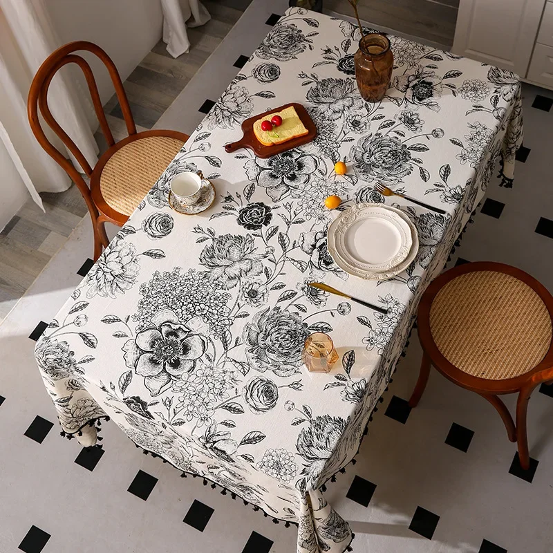 Flower Pattern Tablecloth Hot Sale Linen and Cotton Lace Edge Rectangular Table Cloth Home Hotel Textile