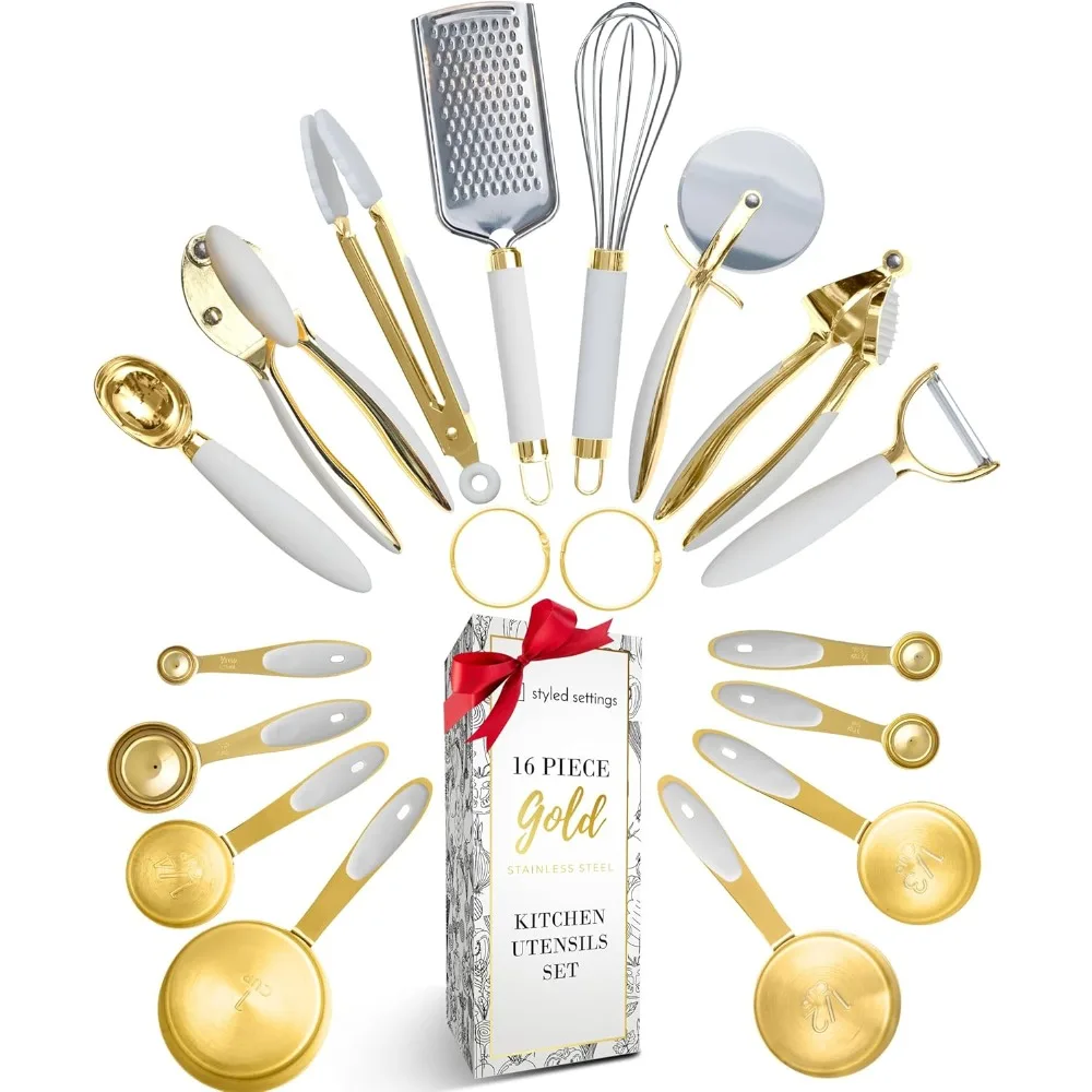 

Styled Settings White and Gold Kitchen Utensils Set - 16 PC Gold Kitchen Set Includes Gold Measuring Cups and Spoons Set