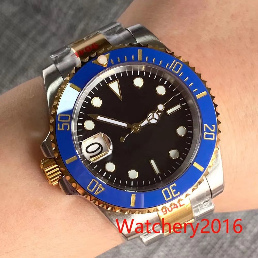 

40 мм левая корона, черный стерильный циферблат, синий, красный ободок, NH35A, модель с автоматическим механизмом, мужские часы, сапфировое стекло, двухцветная светящаяся стрелка