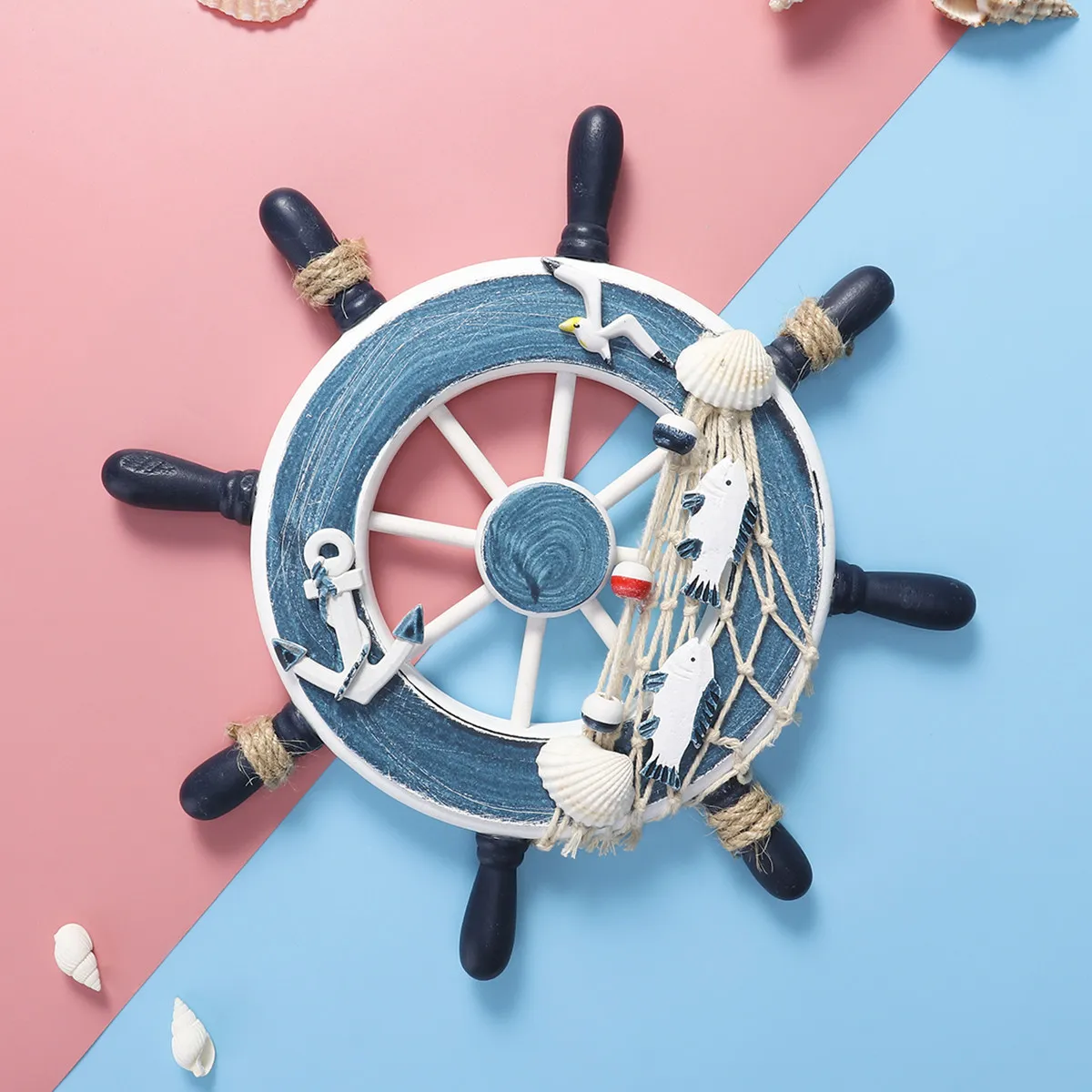 Wooden 23Cm Steering Wheel Rudder Wall Decor Nautical Beach Wall Hanging Decoration Fishing Net