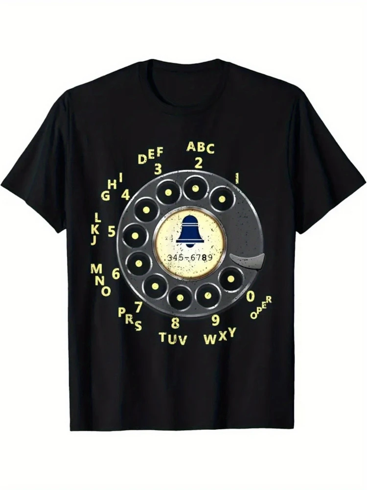 100% cotton, vintage dial phone summer printed round neck men's T-shirt.