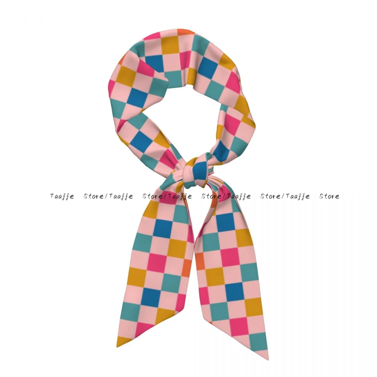 Women Long Skinny Scarf Fake Imitated silk Wrap Colorful 60S 70S Checkered Plaid Head Neck Hair Tie Band
