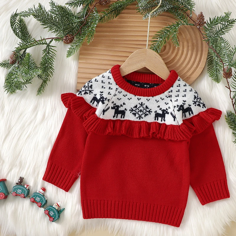 

Baby Sweaters Christmas Deer Boy Girl Ruffled Knitted Pullover Warm Sweaters Kids Clothes Autumn Winter Children Xmas Clothes