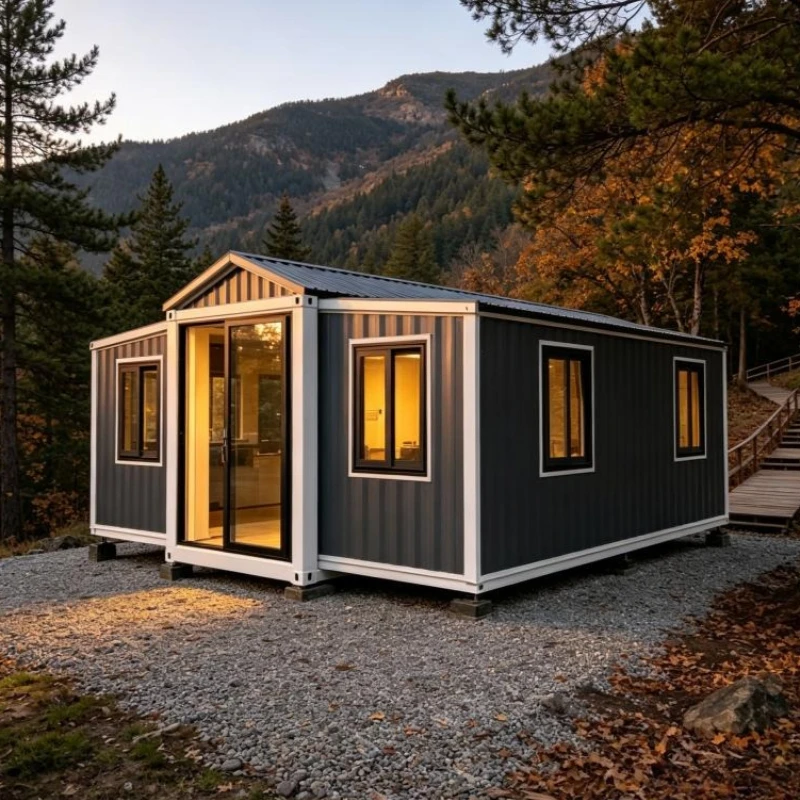 Camping Container House 20/30/40ft Folding Portable Cabin 2 Bed 1 Bath Living Dining Area for Glamping Resort Durable