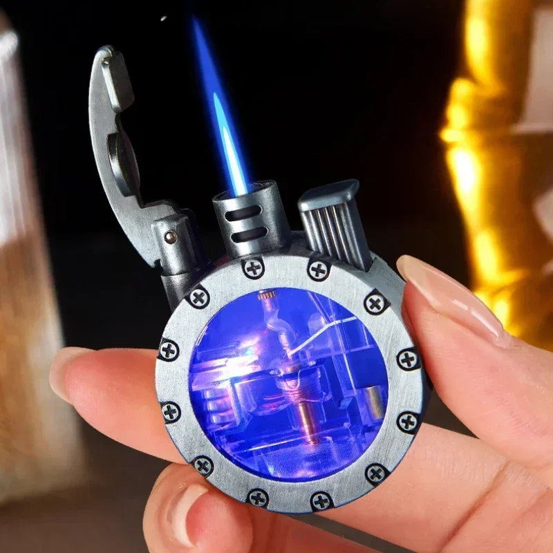 New Creative Transparent Air Chamber Retro Gas Lighter Direct Injection Personality Trend Transparent Blue Flame Unusual Lighter