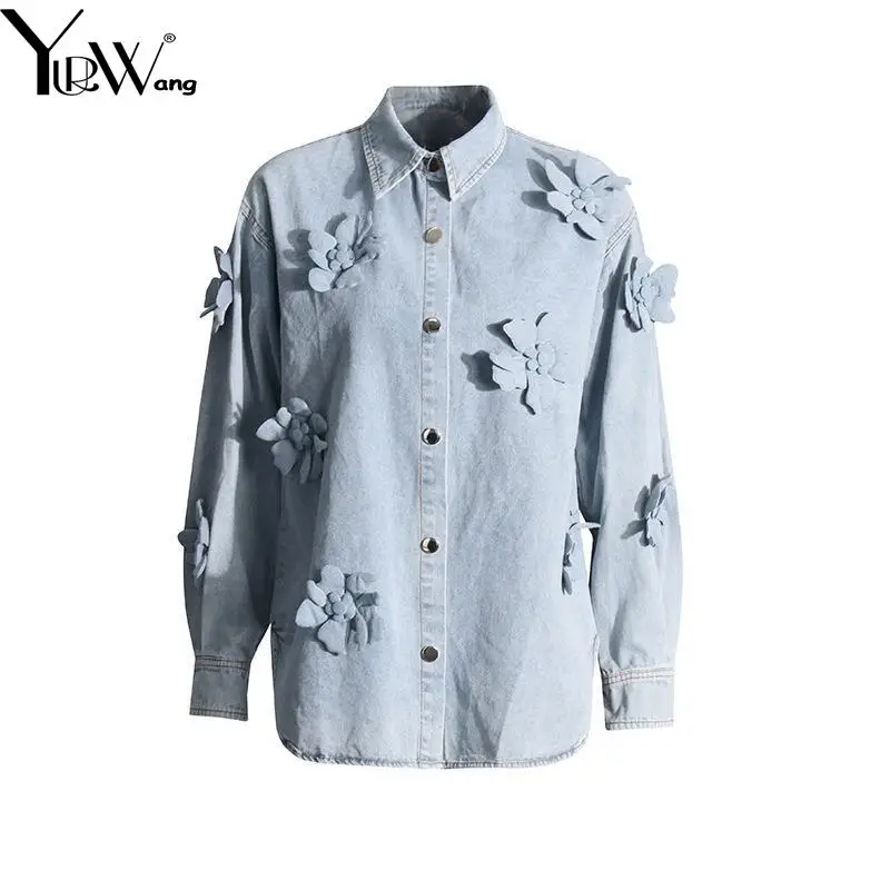 YUERWAN Women Denim Jacket 2025 Spring Fashionable New Three dimensional Flower Stitching Denim Coat All Match Blue Jean Tops