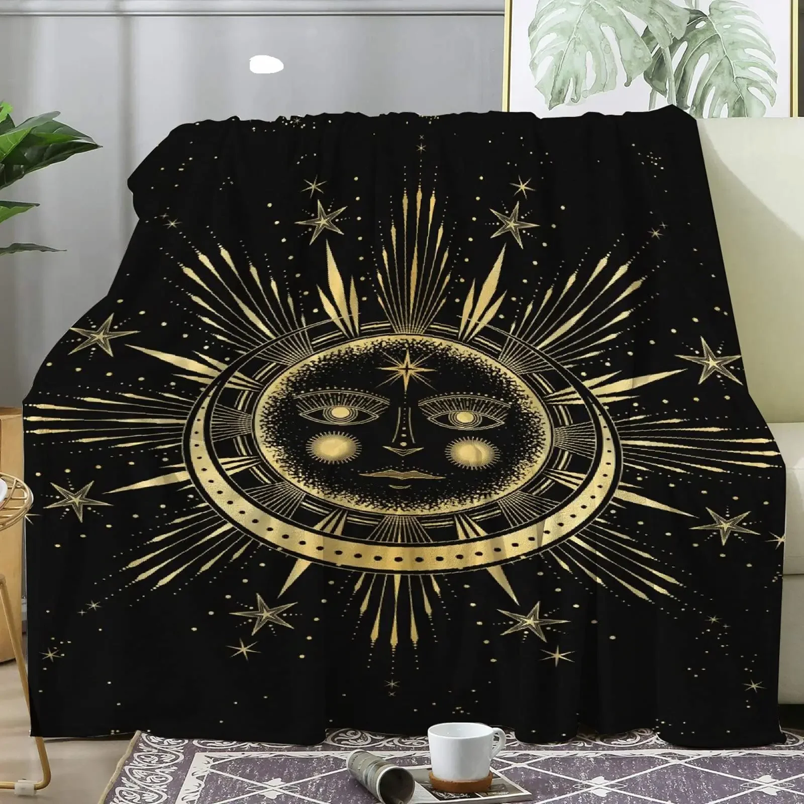 Flannel Throw Blankets Boho Chic Golden Sun Moon and Stars Blue Black Sky Antique Blankets Lightweight Luxury Blanket,Couch Bed