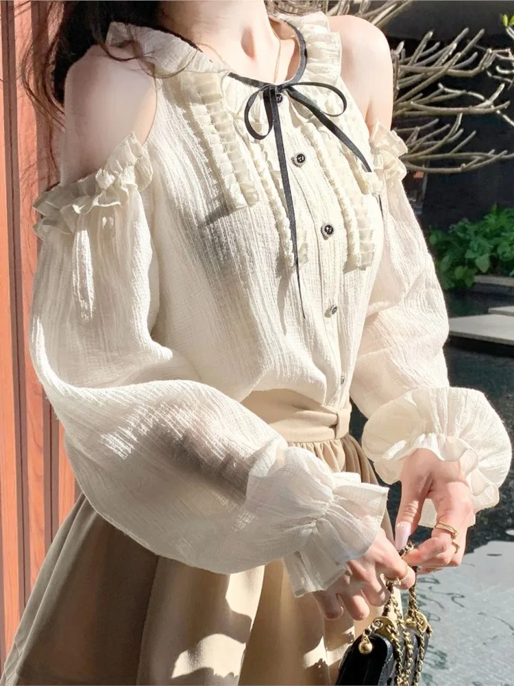 

Sweet Blouses Women Clothing 2025 Blusas Mujer De Moda O-neck Ruffles Long Sleeve Shirts Off Shoulder Bandage Summer Blouse Tops