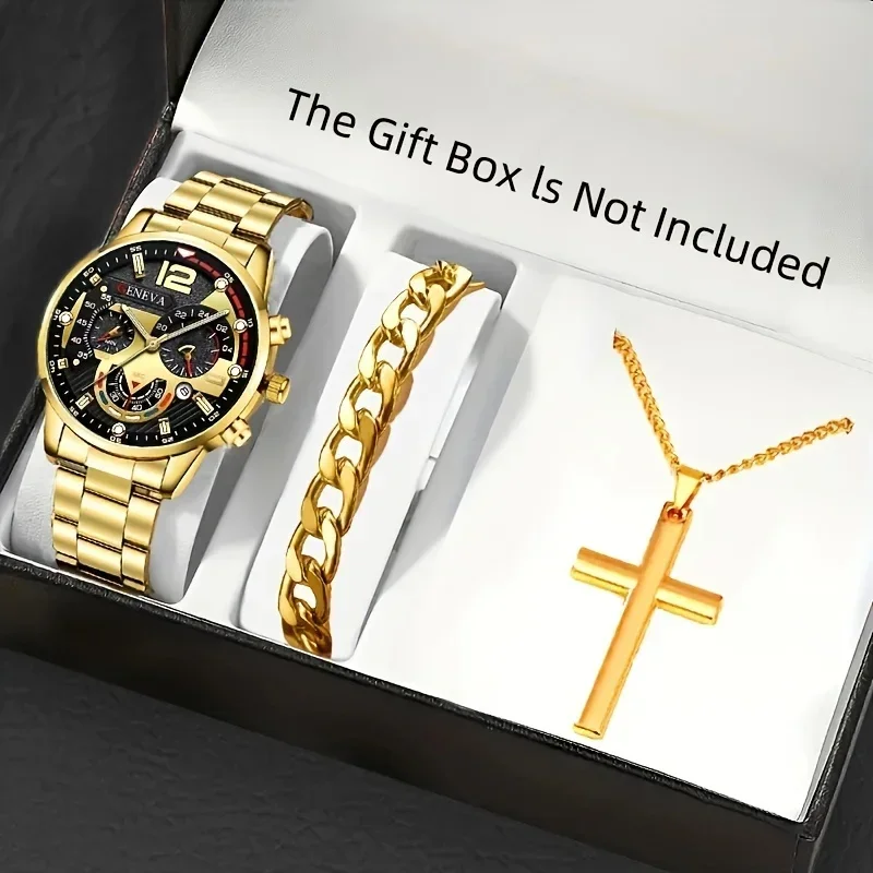 

3 шт./компл., модные мужские деловые часы с календарем из нержавеющей стали и серебряный браслет с подвеской в виде креста, ожерелье
