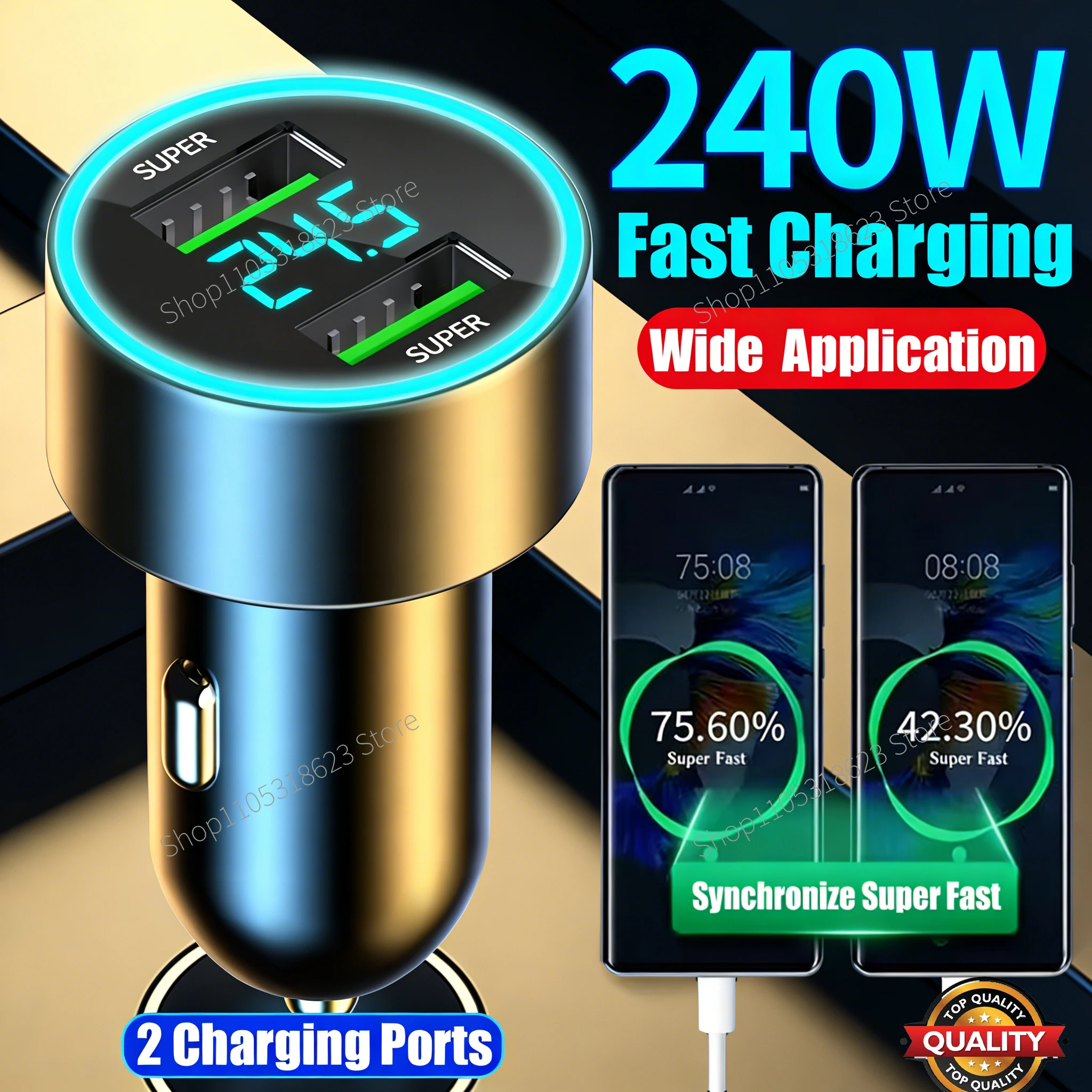 

240W Car Charger Fast Charging For IPhone Samsung Xiaomi Quick Charging 2 USB Ports Adapter Chargers With Digital Display