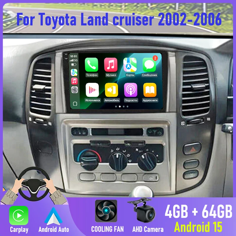 

9'' Android 15 Car Radio 2DIN For Toyota Land cruiser 2002-2006 Wireless Apple Carplay GPS FM Bluetooth Head Unit Camera