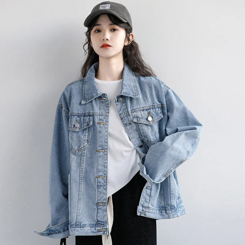 Women\'s Denim Jacket Spring Autumn New High Street Jeans Coat Oversize Loose Basic Jackets Simple Versatile Lapel Outerwear