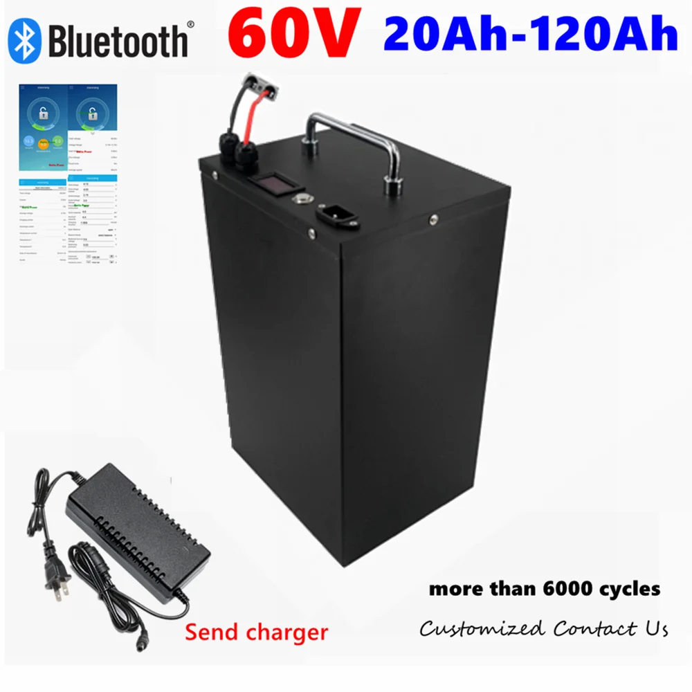 HS 100Ah 60V 60Ah 80Ah 30Ah 60V 40Ah 150Ah 120Ah lifepo4 Lithium battery with Bluetooth APP BMS for Scooter boat + charger