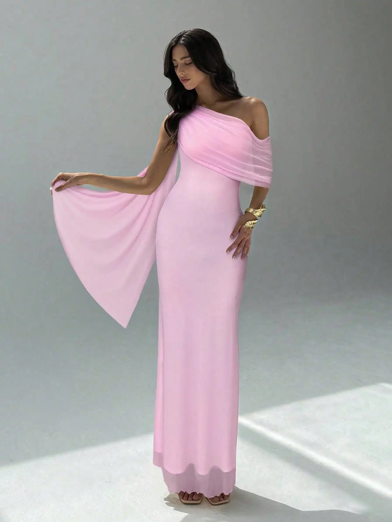 

Women's Pink Asymmetric One-Shoulder Maxi Dress, Elegant & Flowy for Evening Events