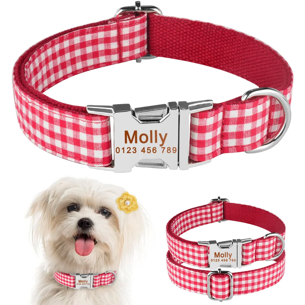 Red Plaid Engraved Name Dog Collar Fresh Summer Free Customization Personalized Pet supplies Adjustable ID Buckle